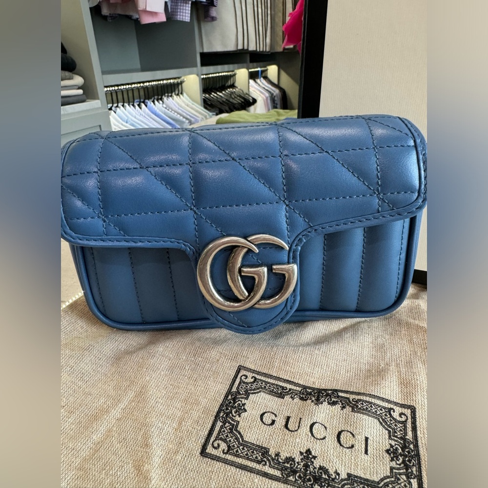 Brand new authentic blue calfskin Metalasse Marmont Gucci mini shoulder bag